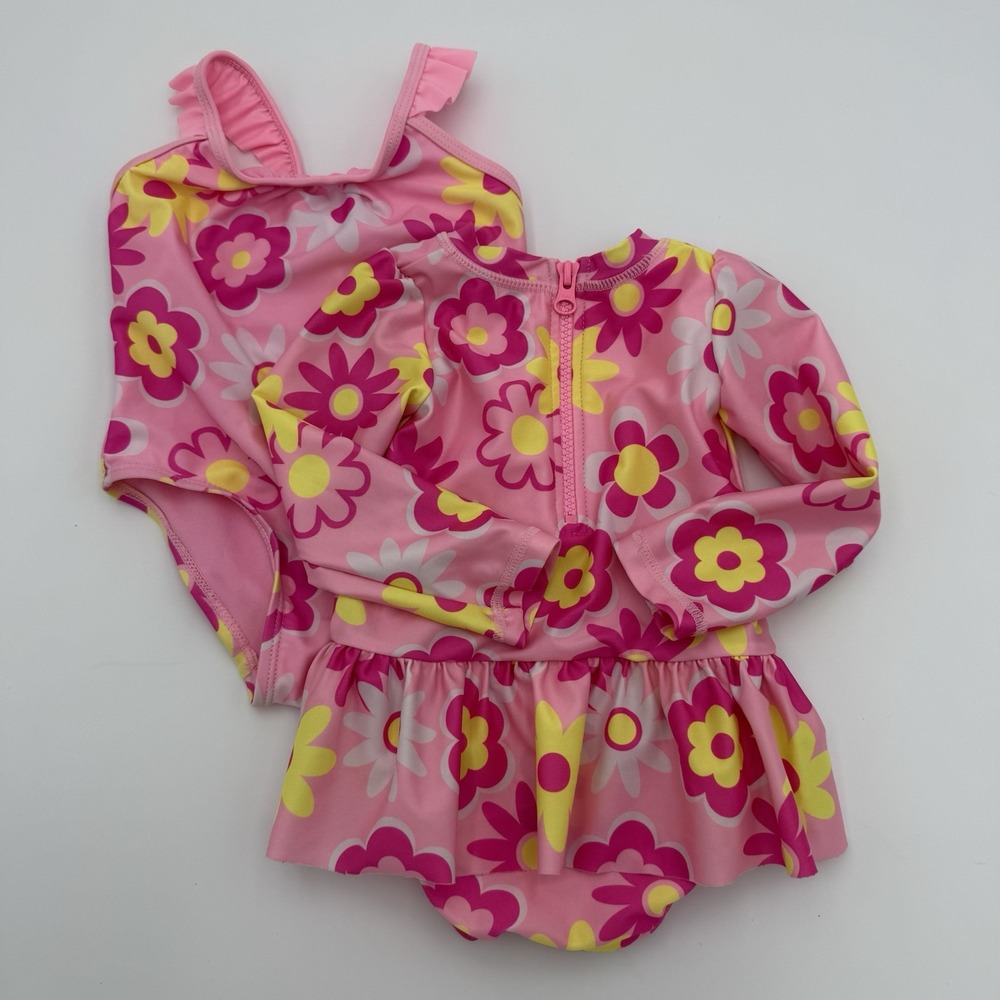 Set 2 Sol Girls Swimsuit Size 12M 1‑Piece Bathing Suit Rash Guard Baby Twin Swim